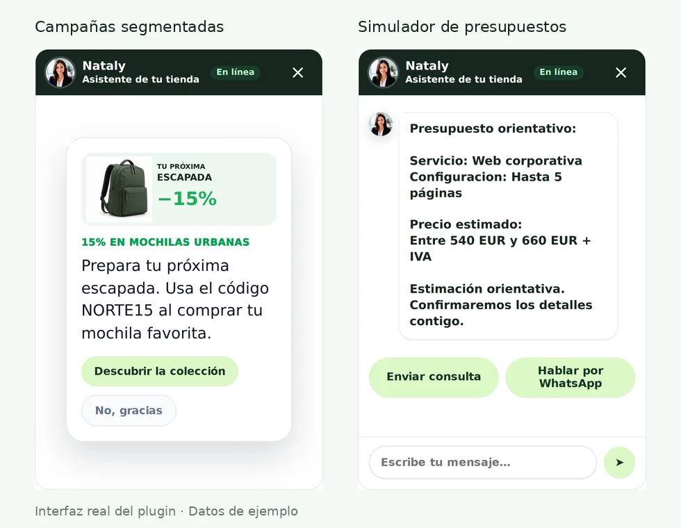 marketing — ChatAssist24 interfaz real, datos de ejemplo